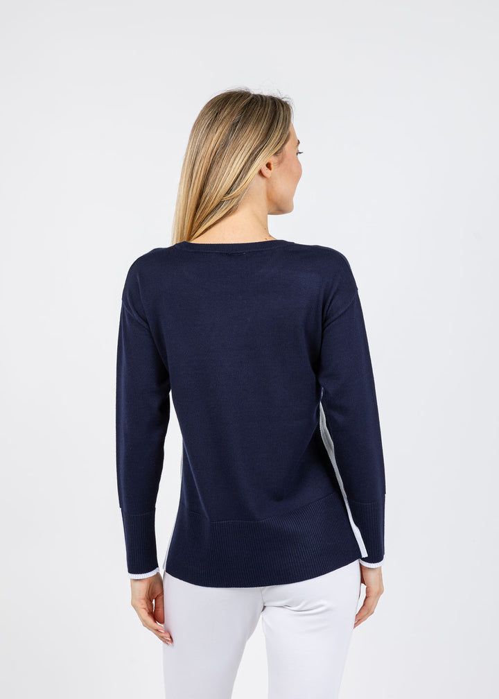 BK Claudia Color Block Crew Sweater in Navy/White available at Barbara Katz