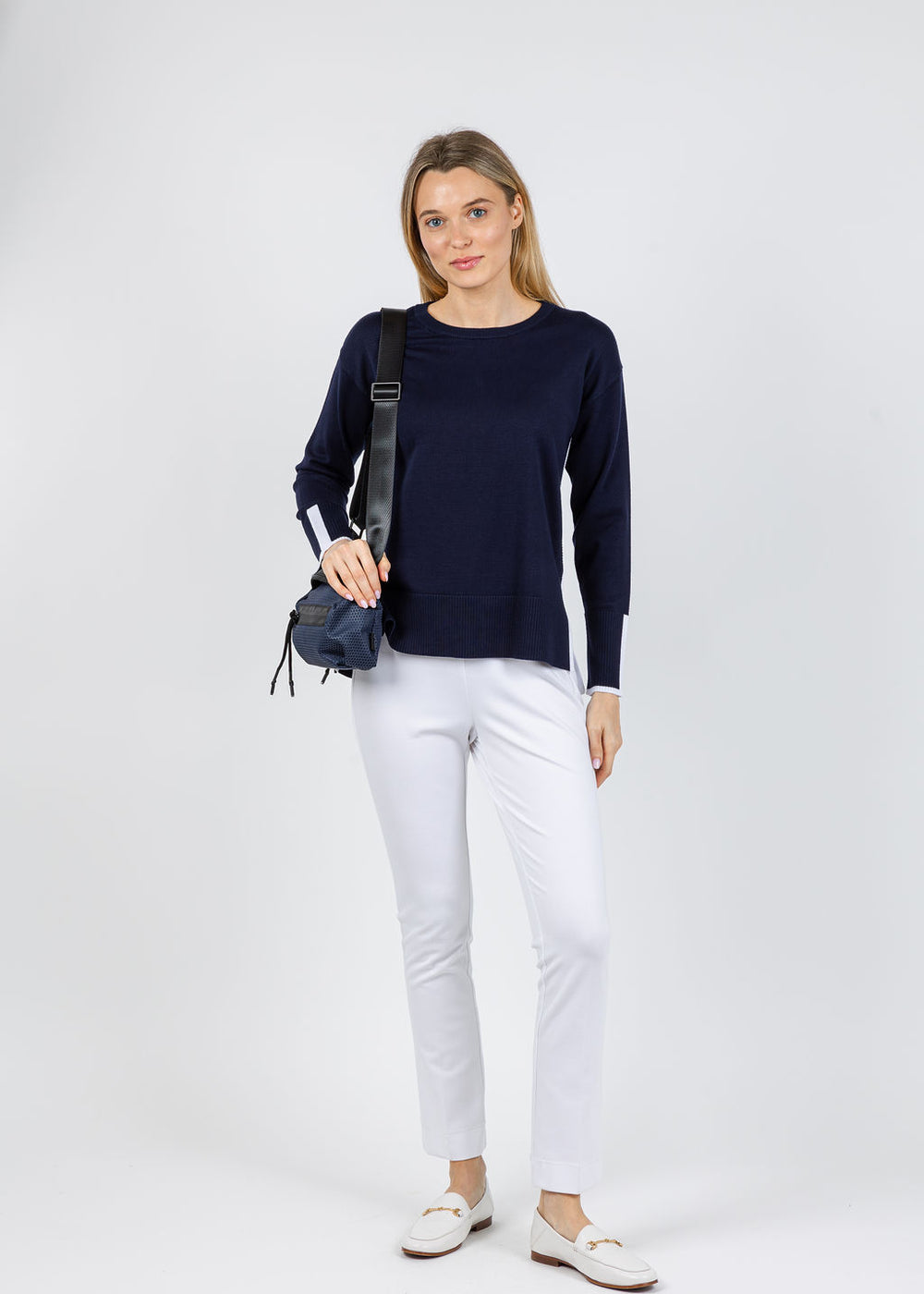 BK Claudia Color Block Crew Sweater in Navy/White available at Barbara Katz