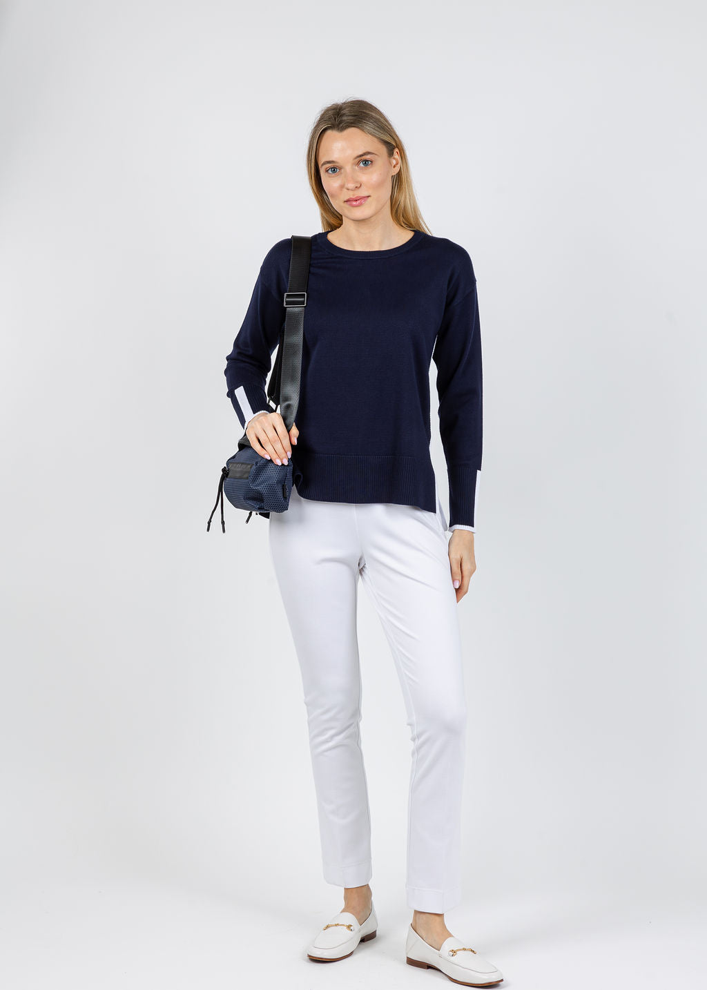 BK Claudia Color Block Crew Sweater in Navy/White available at Barbara Katz