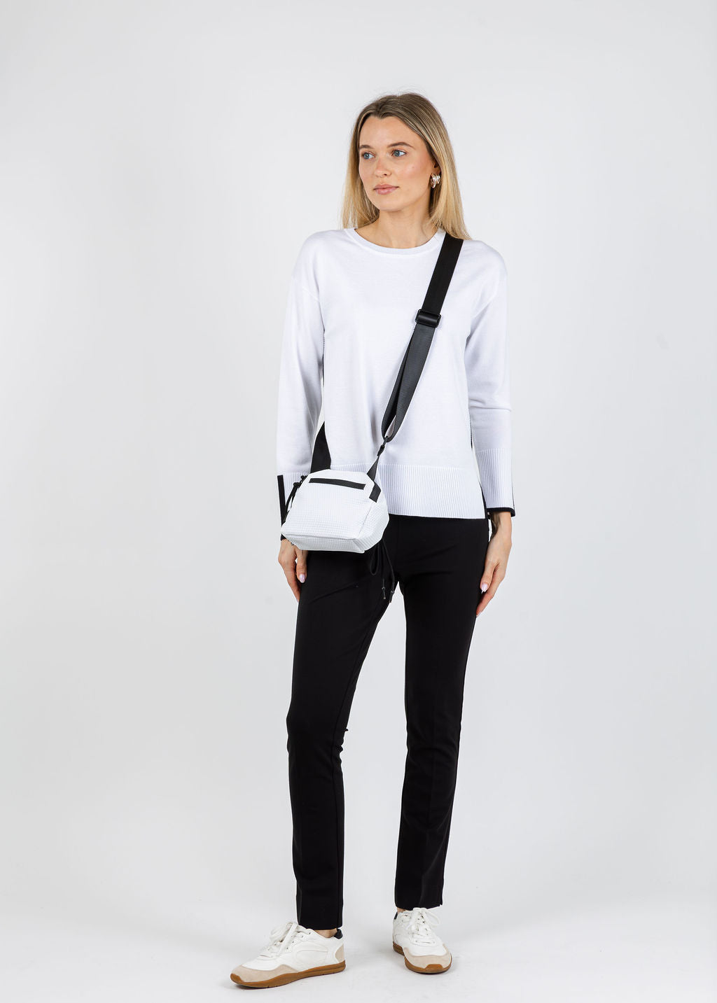 BK Claudia Color Block Crew Sweater in White/Black available at Barbara Katz