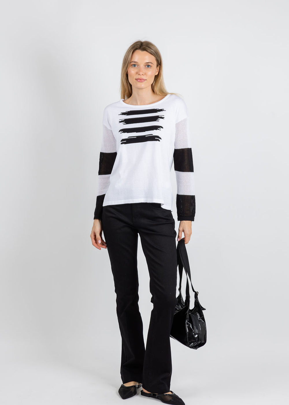 BK Crew Neck Mesh Sleeve Top in White/Black available at Barbara Katz