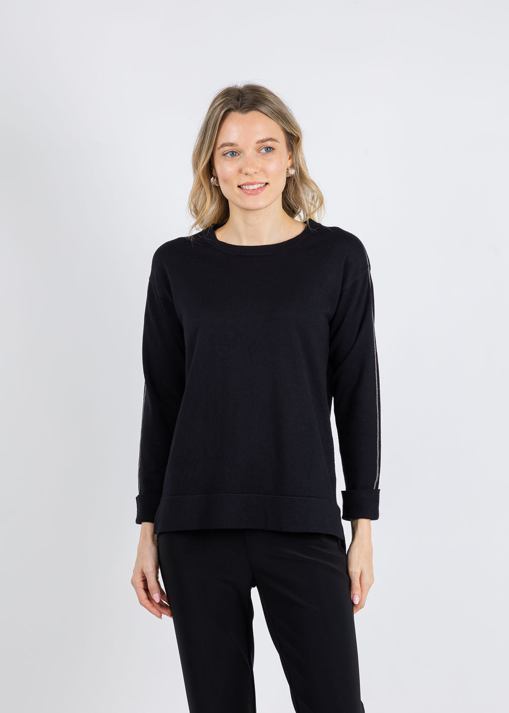 BK Crew Neck Sweater with Shiny Trims in Black available at Barbara Katz