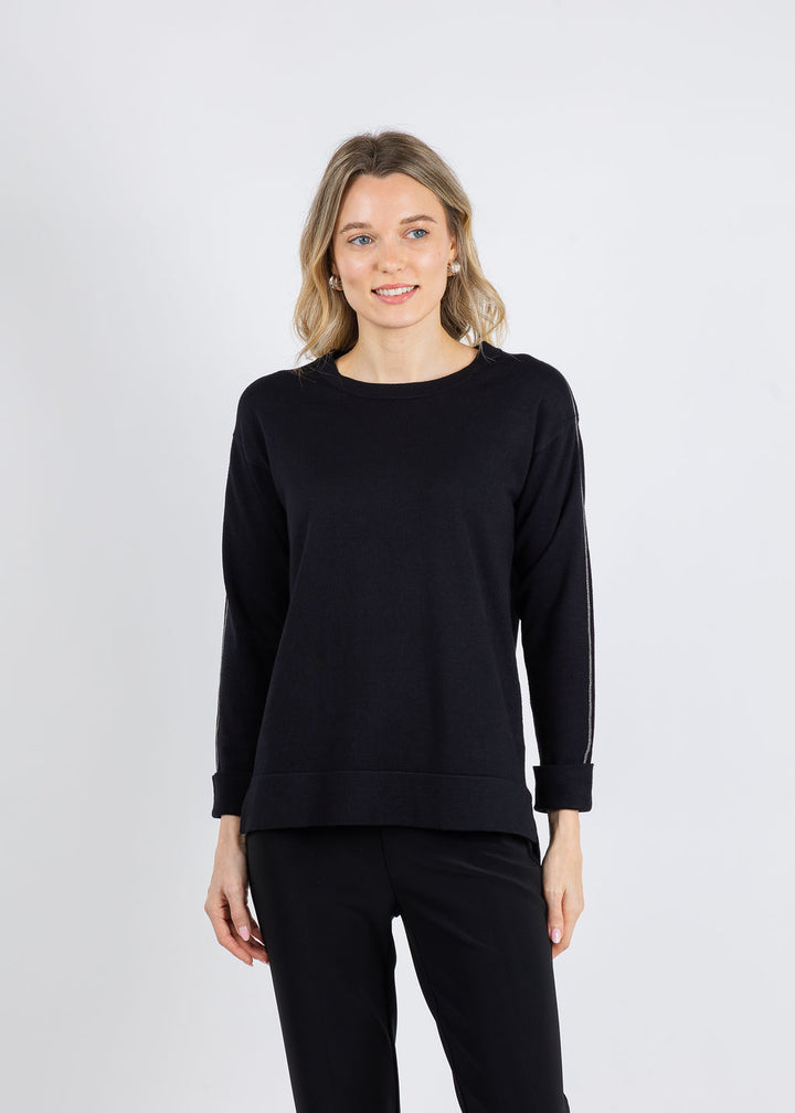 BK Crew Neck Sweater with Shiny Trims in Black available at Barbara Katz