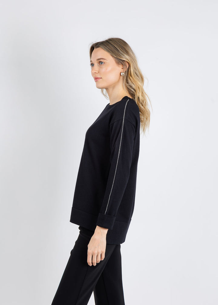 BK Crew Neck Sweater with Shiny Trims in Black available at Barbara Katz