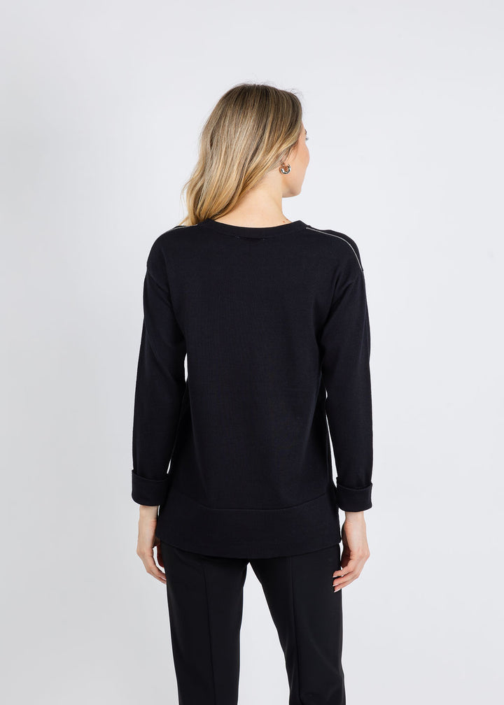 BK Crew Neck Sweater with Shiny Trims in Black available at Barbara Katz