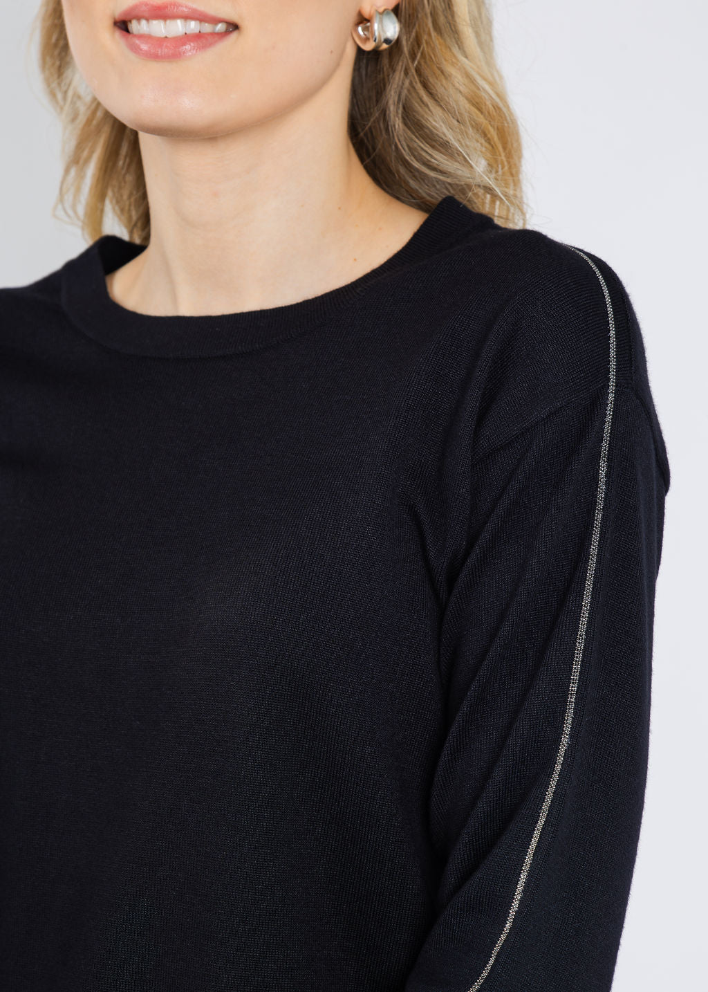 BK Crew Neck Sweater with Shiny Trims in Black available at Barbara Katz