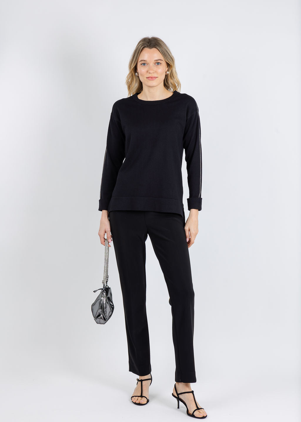 BK Crew Neck Sweater with Shiny Trims in Black available at Barbara Katz