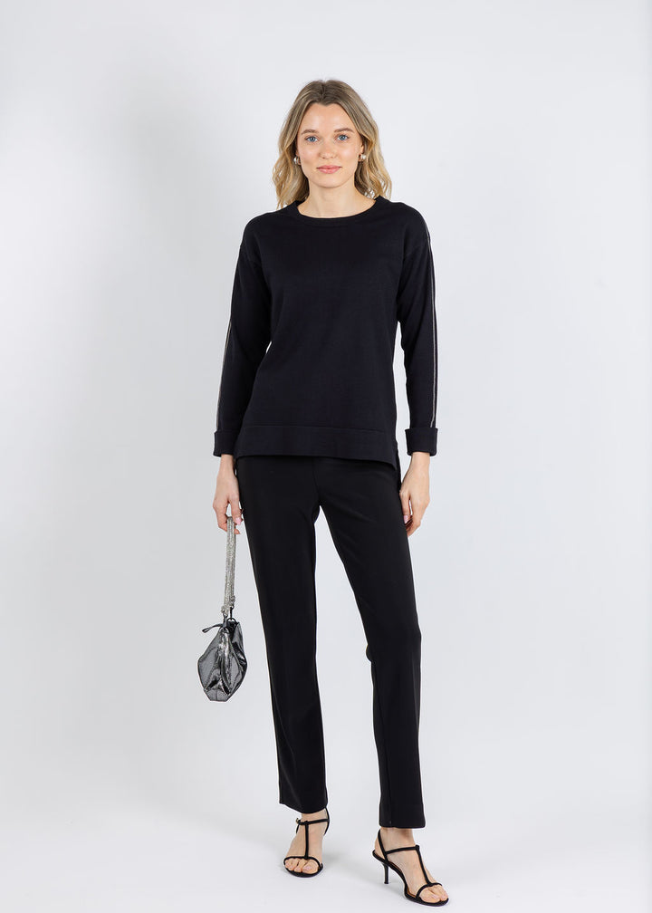BK Crew Neck Sweater with Shiny Trims in Black available at Barbara Katz