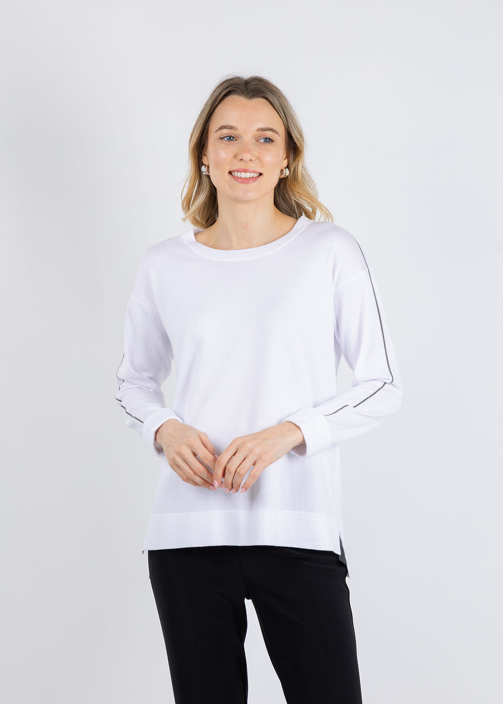 BK Crew Neck Sweater with Shiny Trims in White available at Barbara Katz