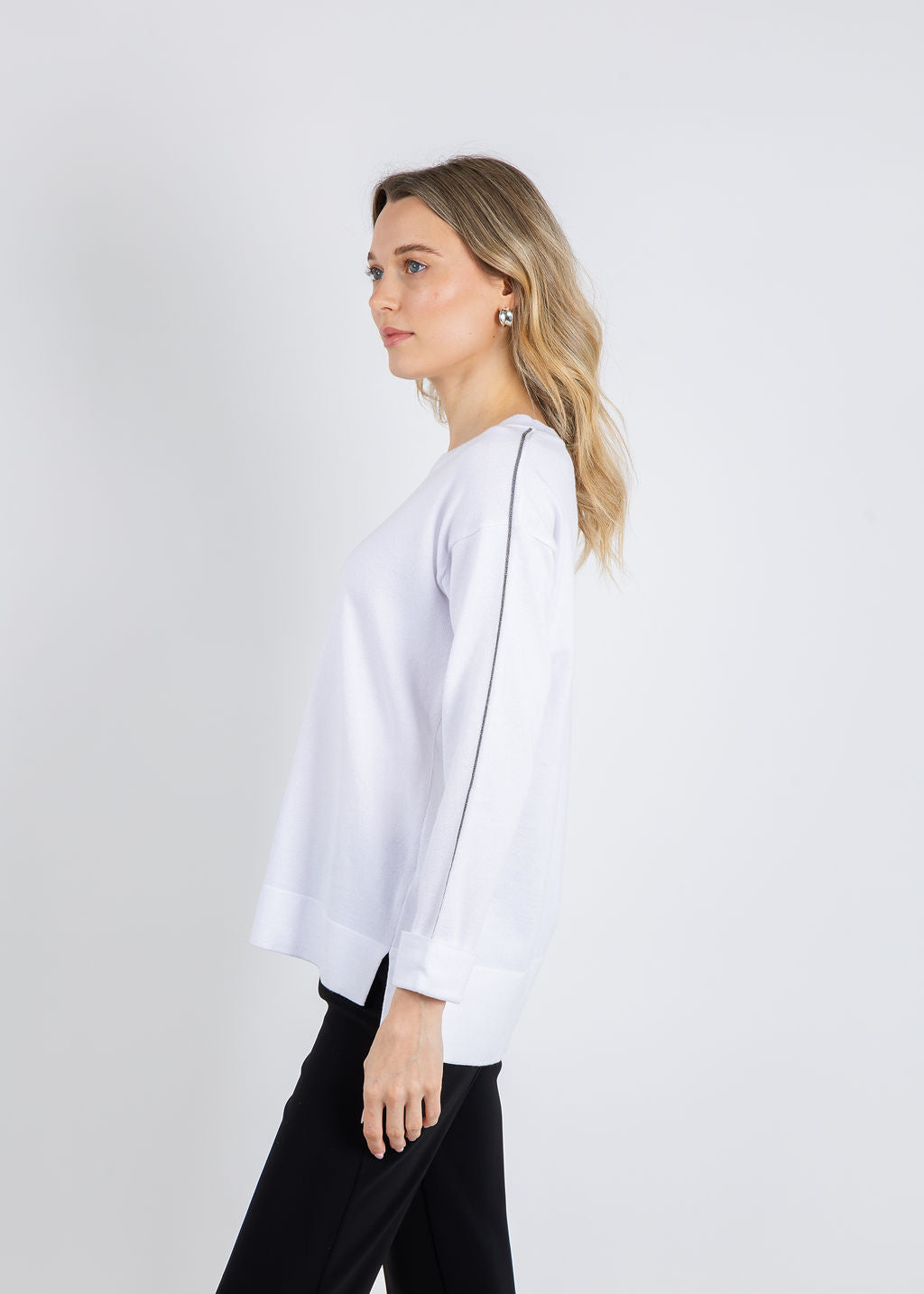 BK Crew Neck Sweater with Shiny Trims in White available at Barbara Katz