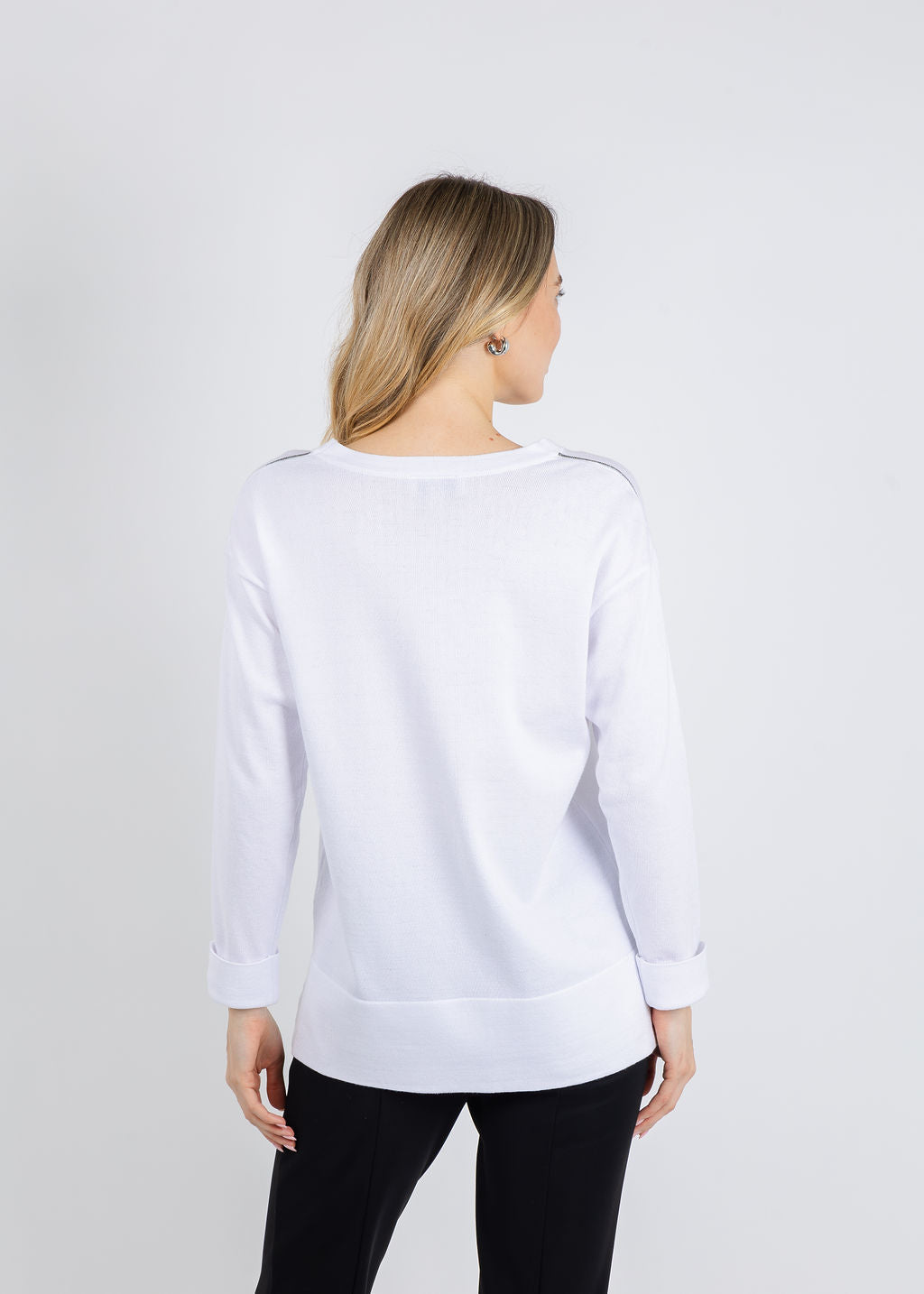 BK Crew Neck Sweater with Shiny Trims in White available at Barbara Katz