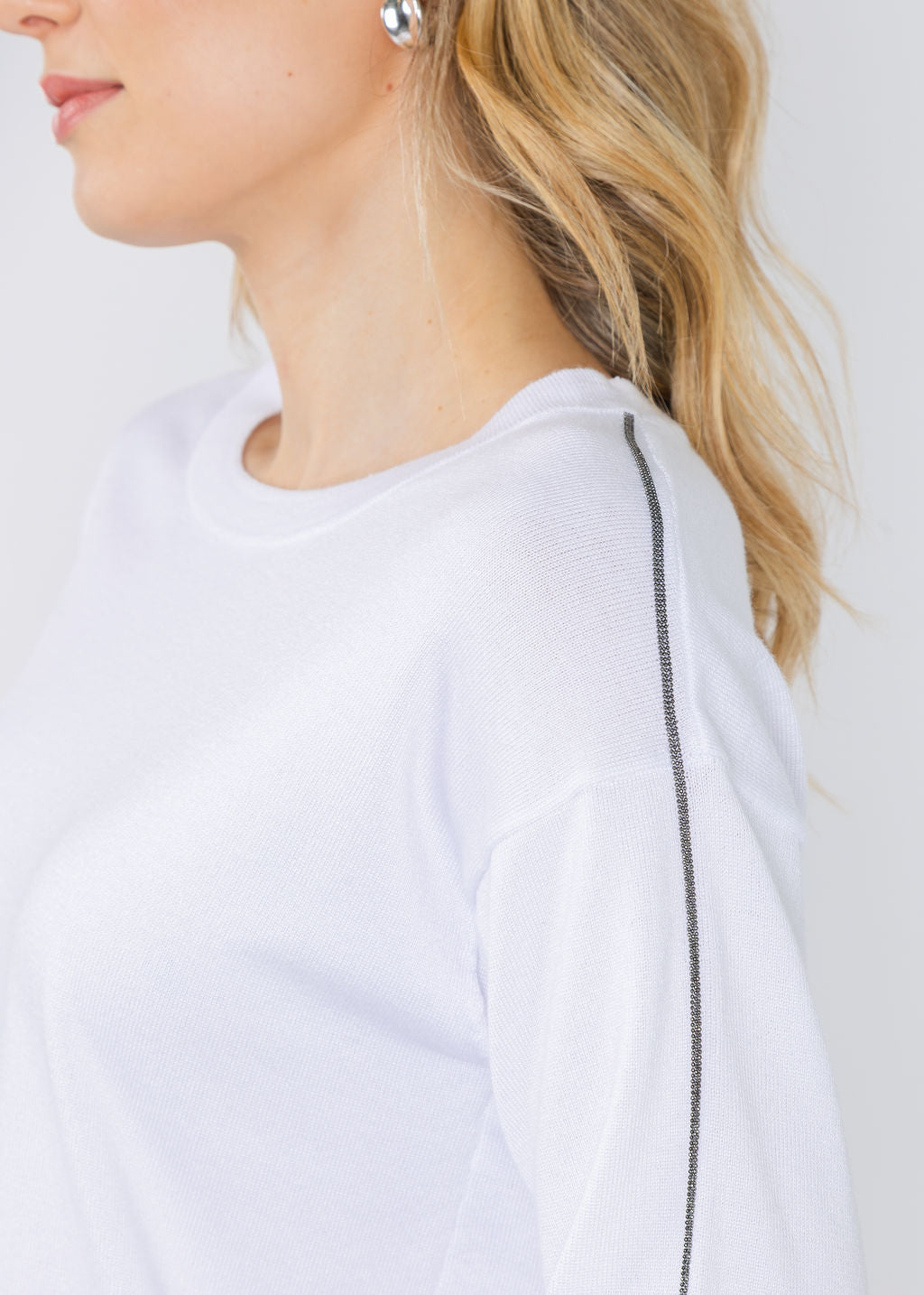 BK Crew Neck Sweater with Shiny Trims in White available at Barbara Katz