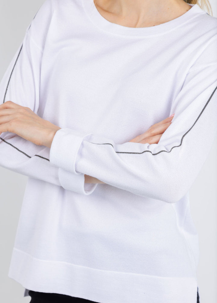 BK Crew Neck Sweater with Shiny Trims in White available at Barbara Katz