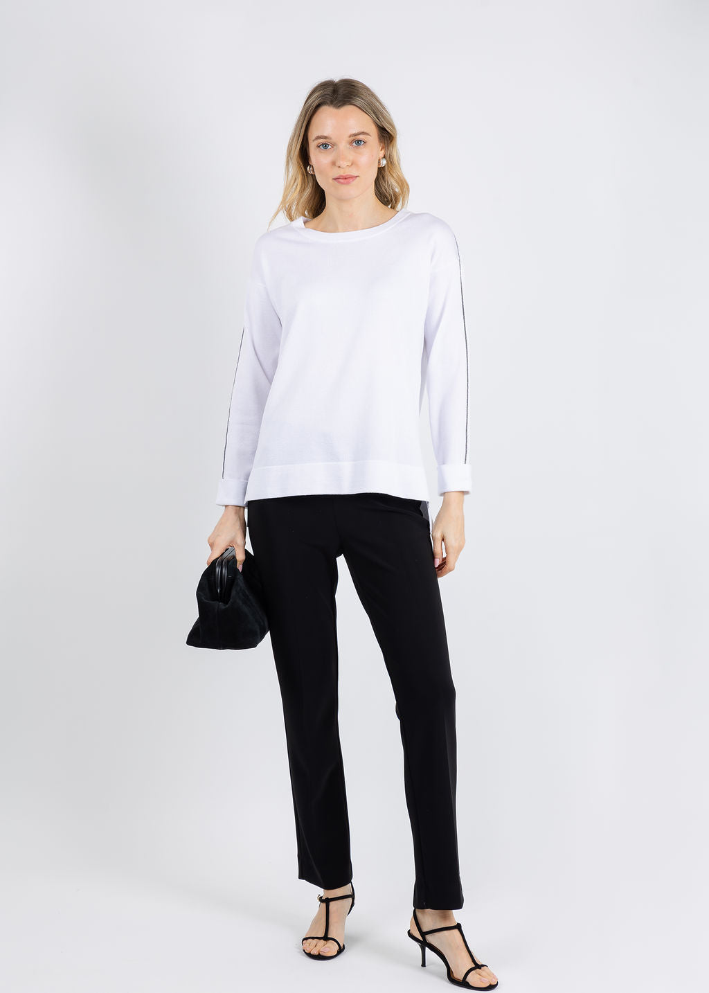 BK Crew Neck Sweater with Shiny Trims in White available at Barbara Katz