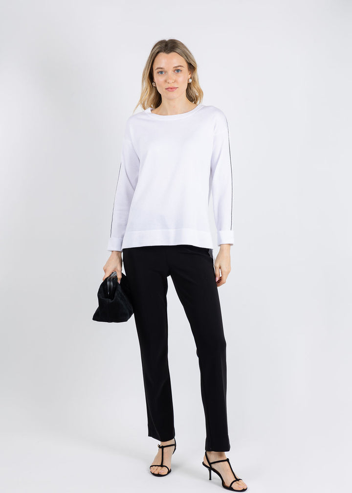 BK Crew Neck Sweater with Shiny Trims in White available at Barbara Katz