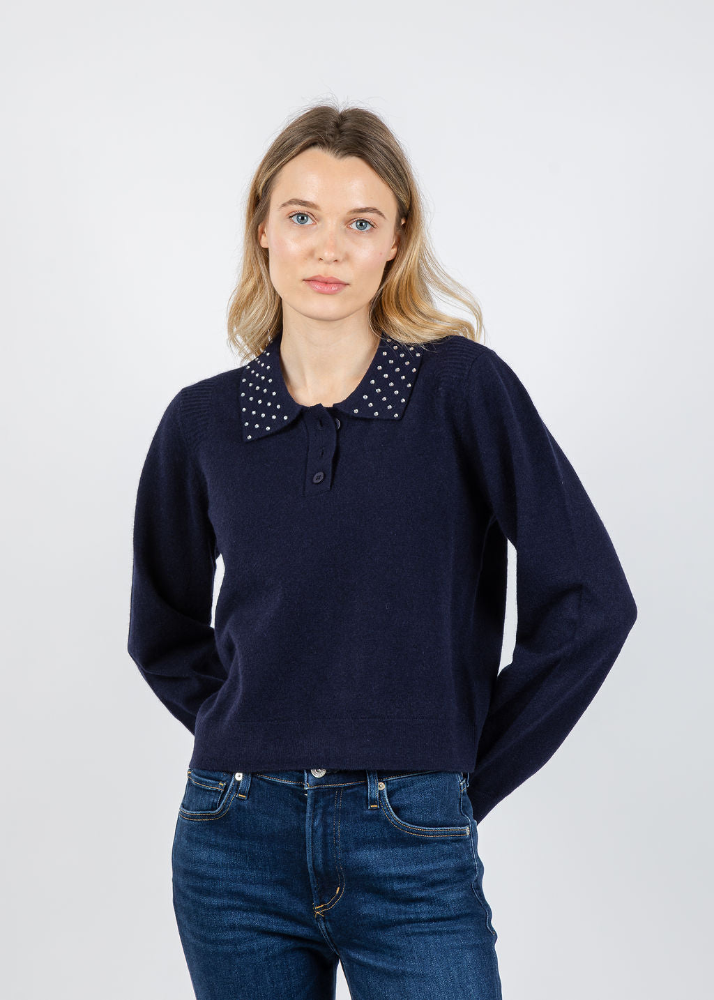 BK Crystal Embellished Long Sleeve Polo Sweater in Navy available at Barbara Katz
