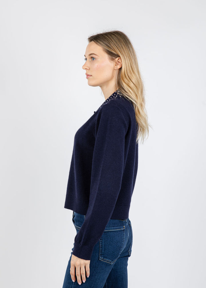 BK Crystal Embellished Long Sleeve Polo Sweater in Navy available at Barbara Katz