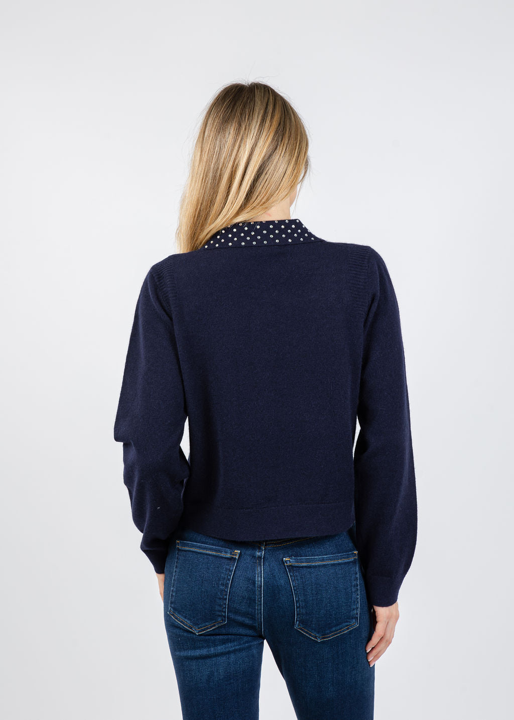 BK Crystal Embellished Long Sleeve Polo Sweater in Navy available at Barbara Katz