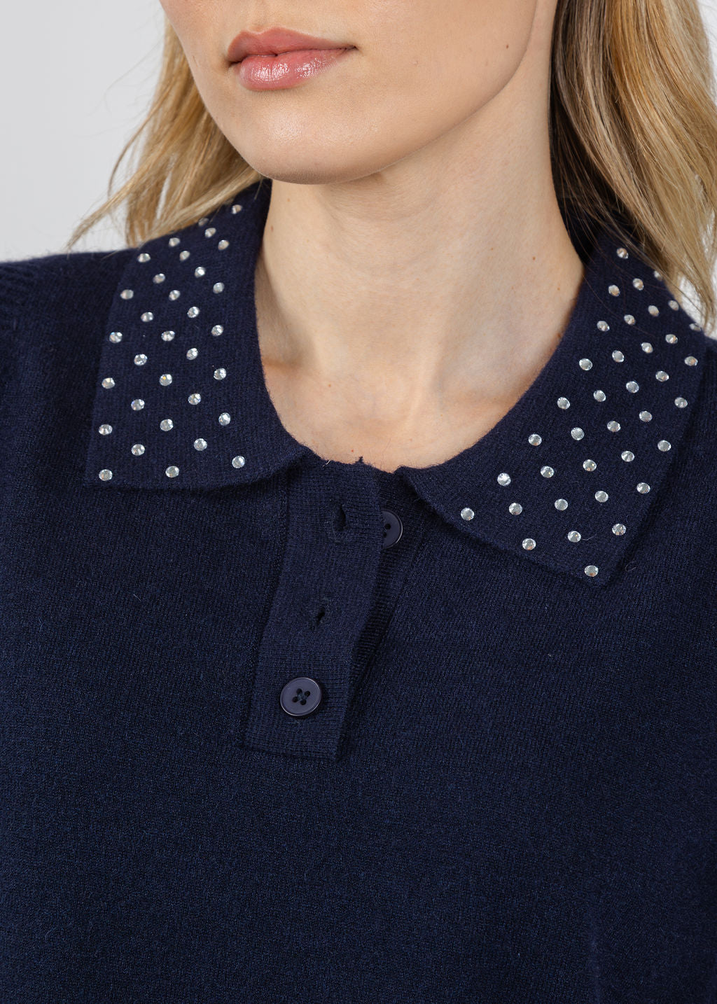 BK Crystal Embellished Long Sleeve Polo Sweater in Navy available at Barbara Katz