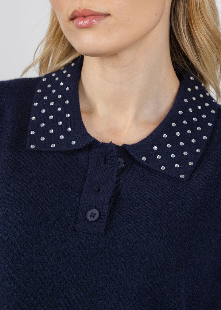BK Crystal Embellished Long Sleeve Polo Sweater in Navy available at Barbara Katz