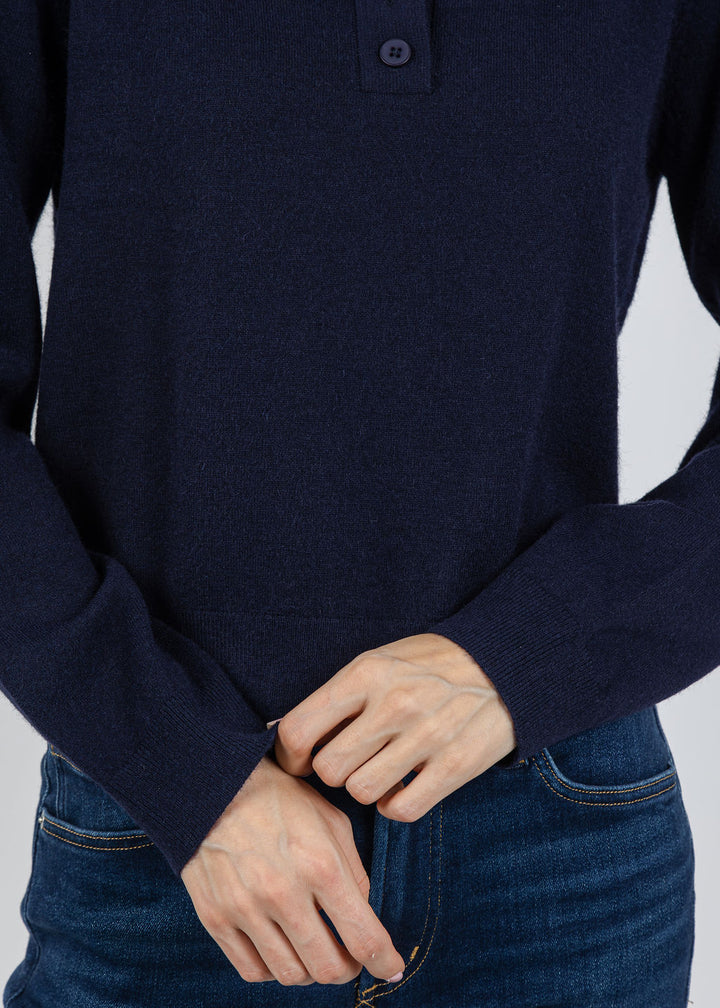 BK Crystal Embellished Long Sleeve Polo Sweater in Navy available at Barbara Katz