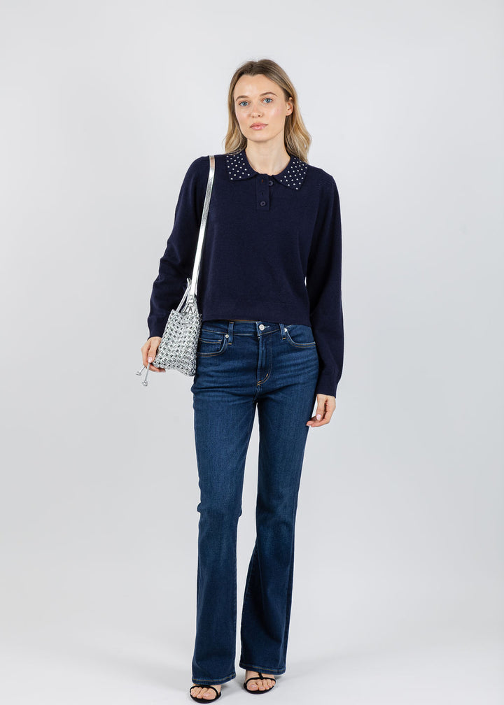 BK Crystal Embellished Long Sleeve Polo Sweater in Navy available at Barbara Katz