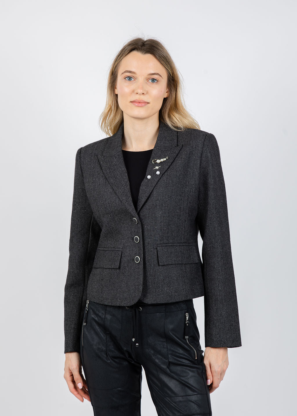 BK Crystal Pins & Chains Cropped Blazer in Black available at Barbara Katz