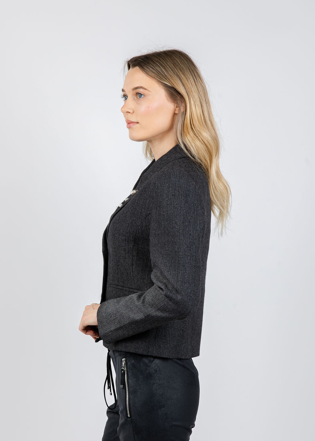 BK Crystal Pins & Chains Cropped Blazer in Black available at Barbara Katz