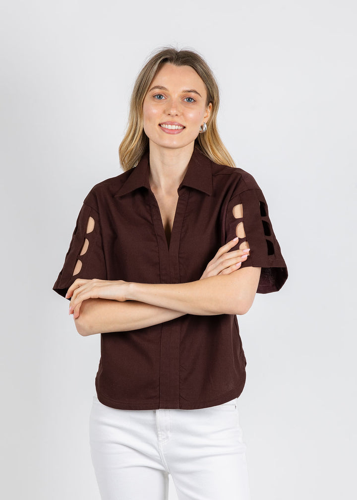 BK Cut-out Sleeve Collared Blouse in Brown available at Barbara Katz