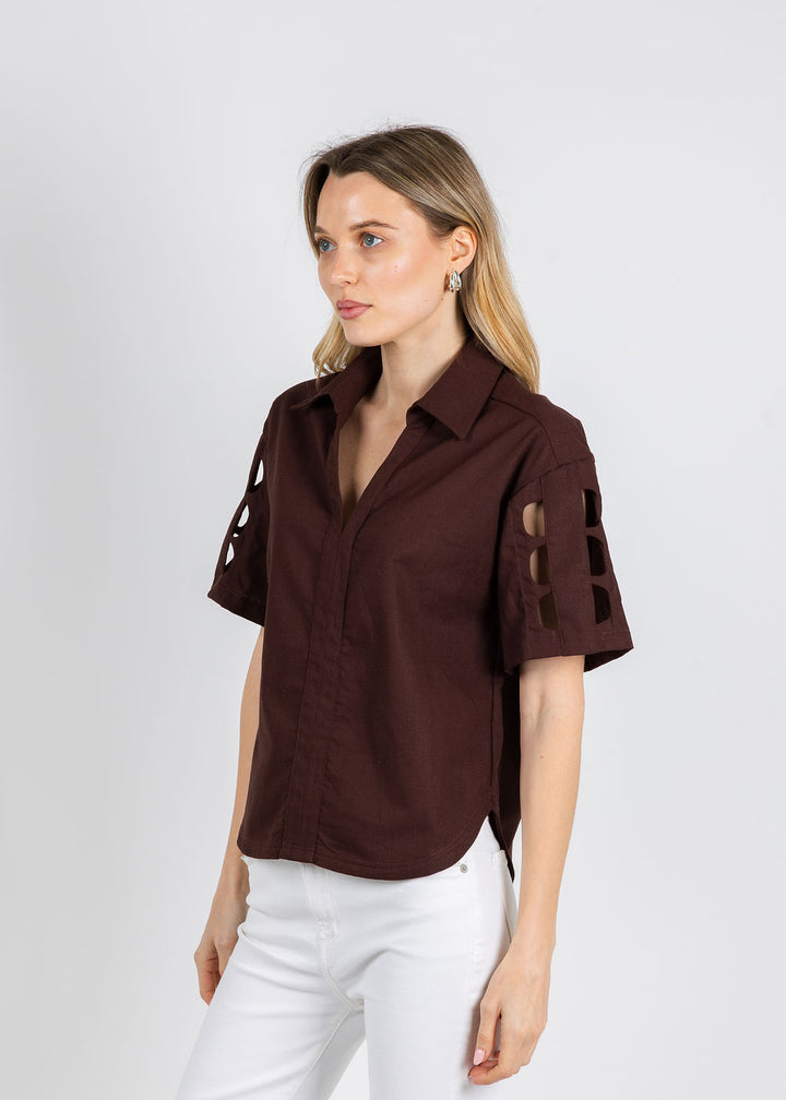 BK Cut-out Sleeve Collared Blouse in Brown available at Barbara Katz