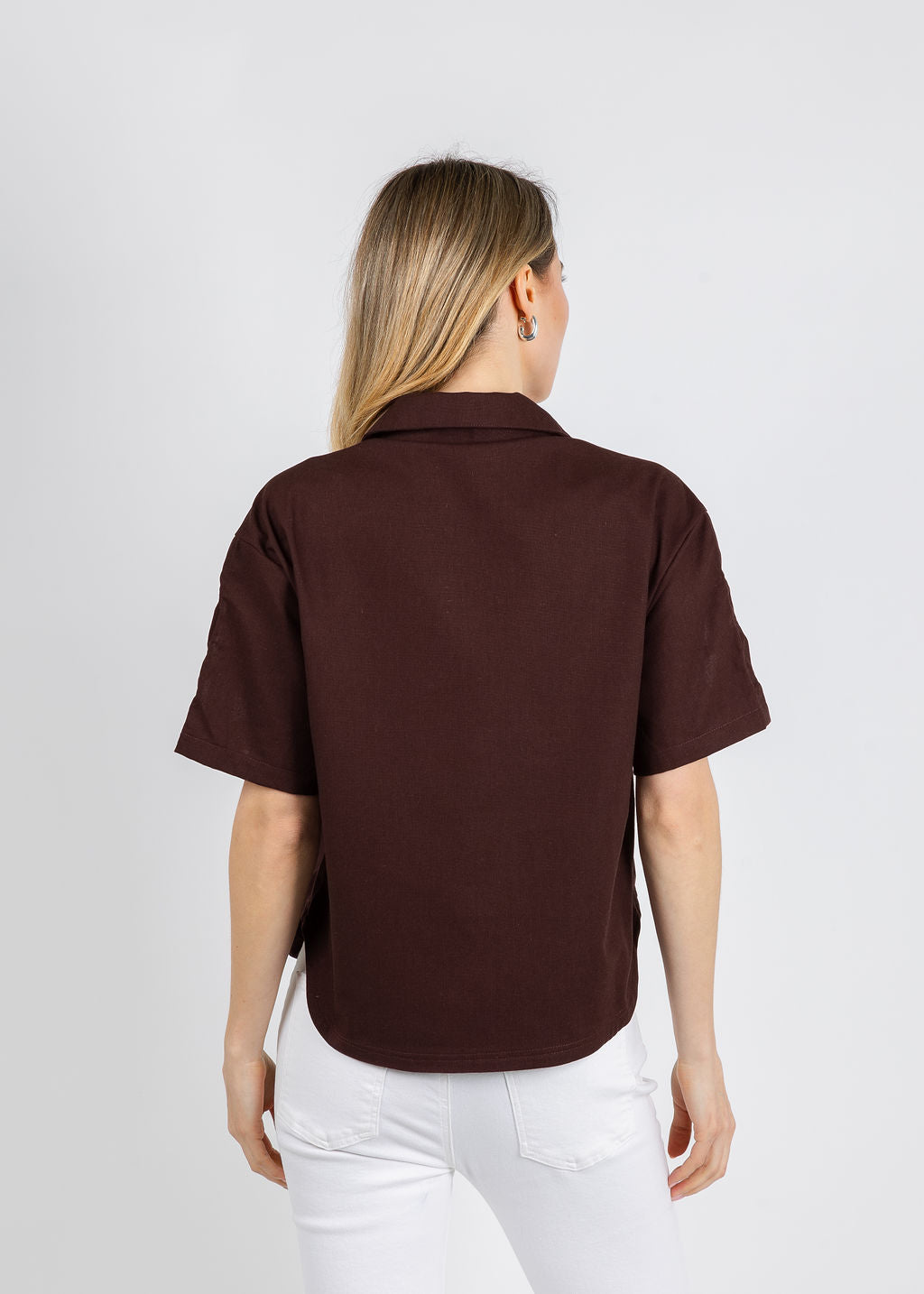 BK Cut-out Sleeve Collared Blouse in Brown available at Barbara Katz