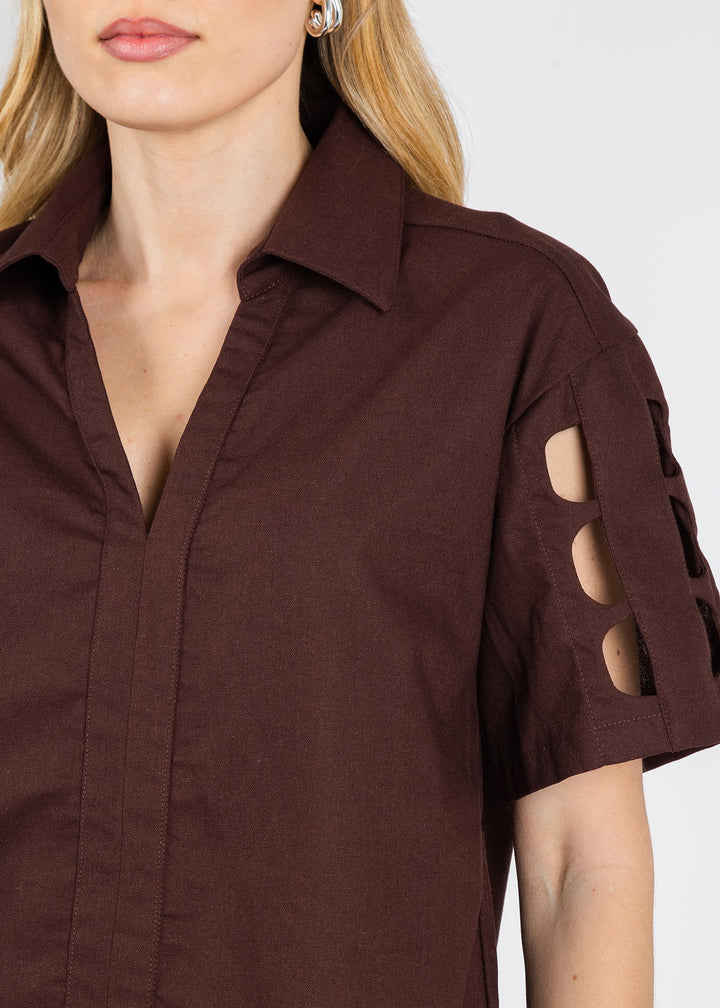 BK Cut-out Sleeve Collared Blouse in Brown available at Barbara Katz
