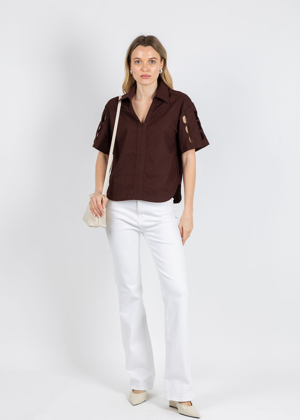 BK Cut-out Sleeve Collared Blouse in Brown available at Barbara Katz