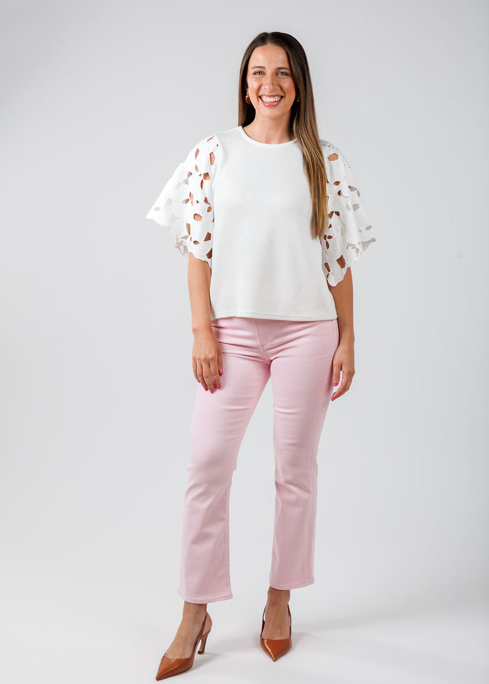 BK Cutout Scallop Sleeve Top in White paired with Pistola Lennon High Rise Crop Boot Jeans in Blush available at Barbara Katz