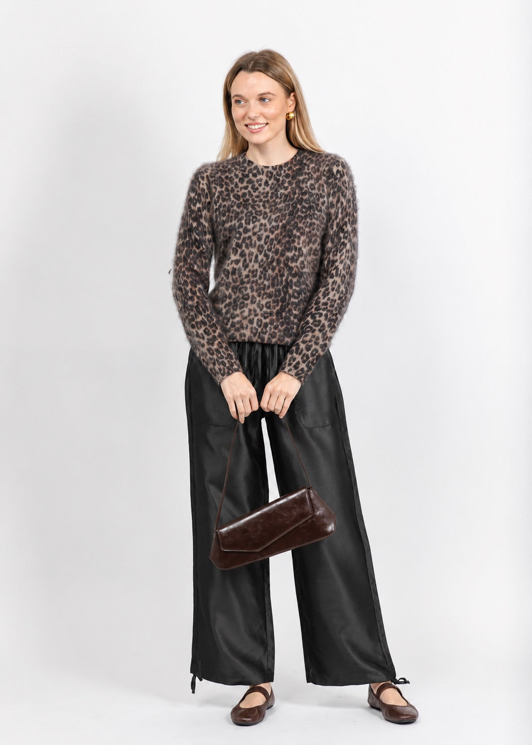 BK Daphne Taffeta Pants in Black paired with Rails Sofia Sweater in Brown Nala available at Barbara Katz