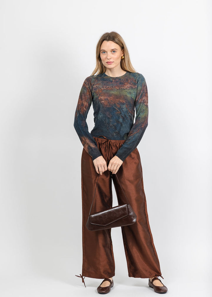 BK Daphne Taffeta Pants in Brown paired with Autumn Cashmere Oil Print Crew Sweater in Copper Combo available at Barbara Katz