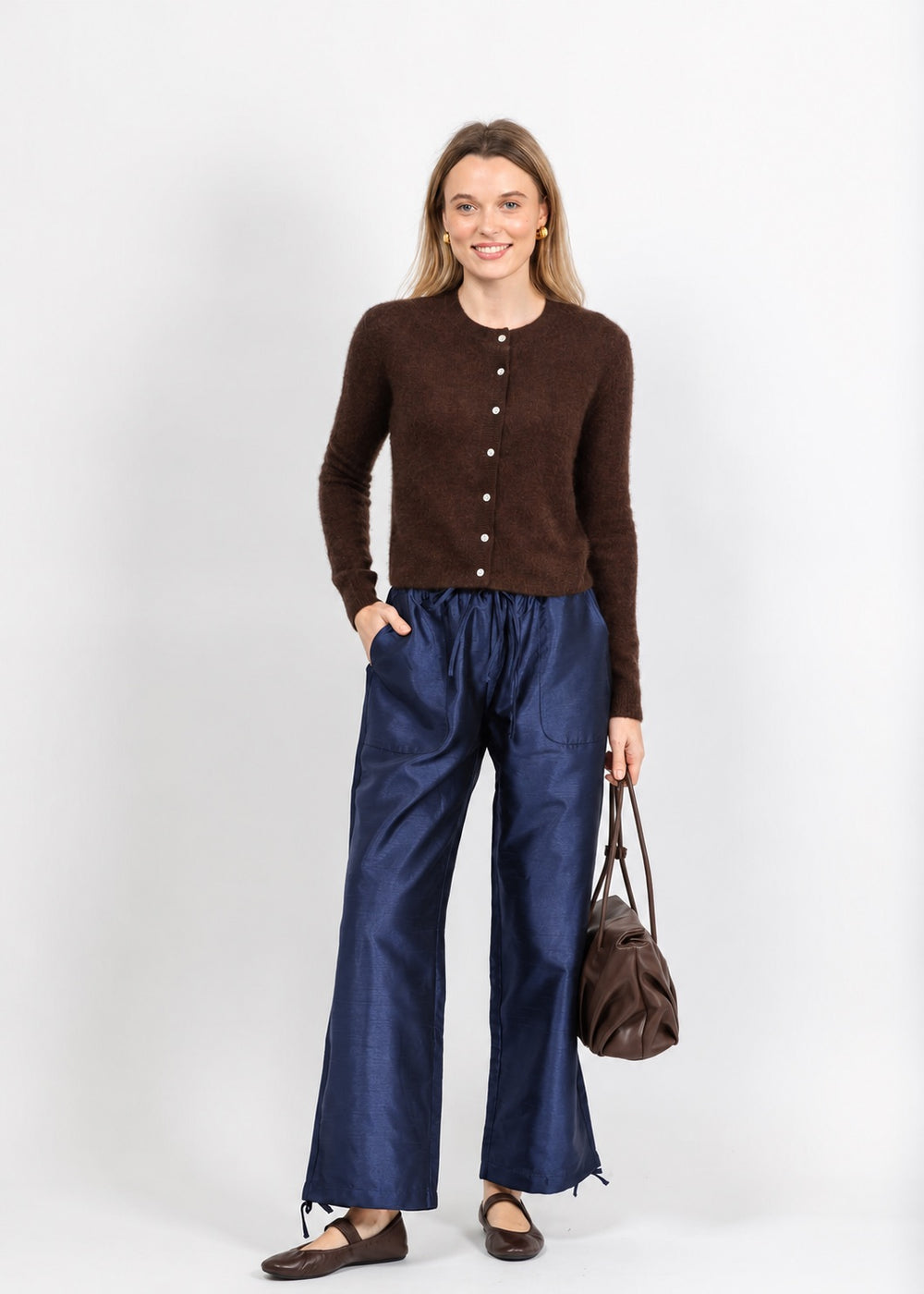 BK Daphne Taffeta Pants in Navy paired with Colorush Amara Malou Cardigan in Americano available at Barbara Katz