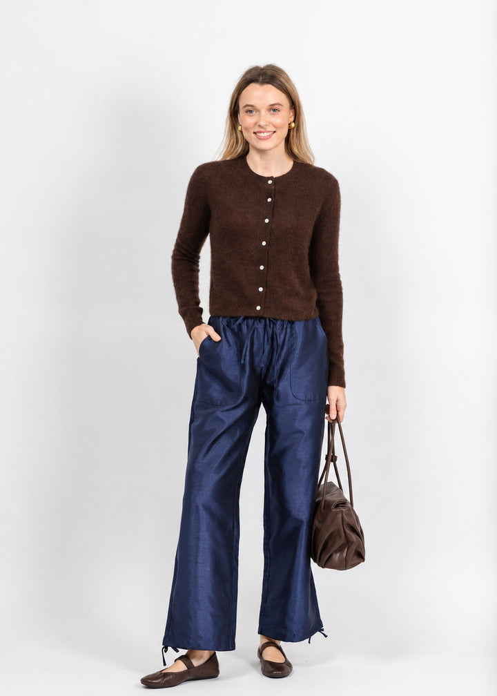 BK Daphne Taffeta Pants in Navy paired with Colorush Amara Malou Cardigan in Americano available at Barbara Katz