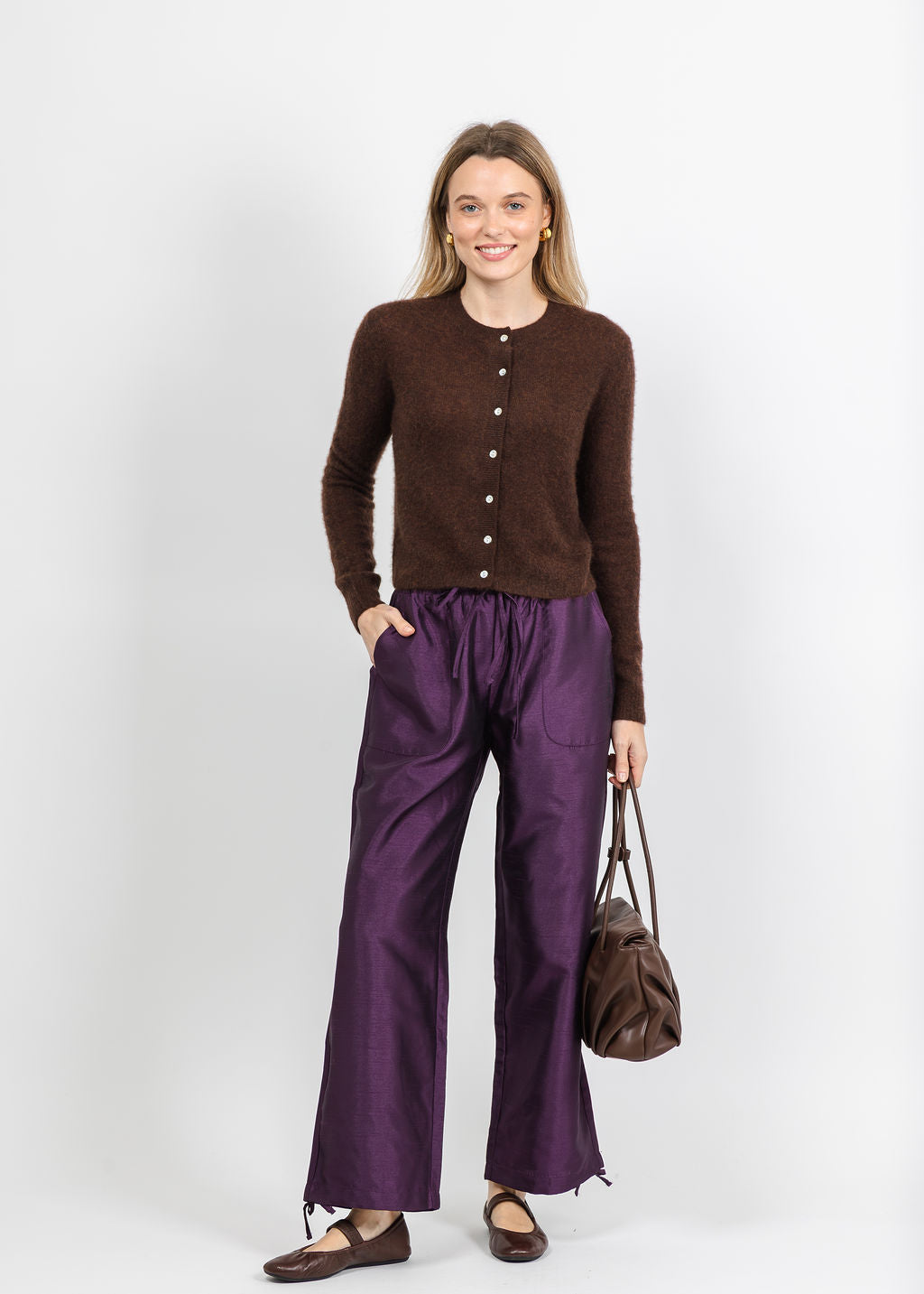 BK Daphne Taffeta Pants in Plum paired with Colorush Amara Malou Cardigan in Americano available at Barbara Katz