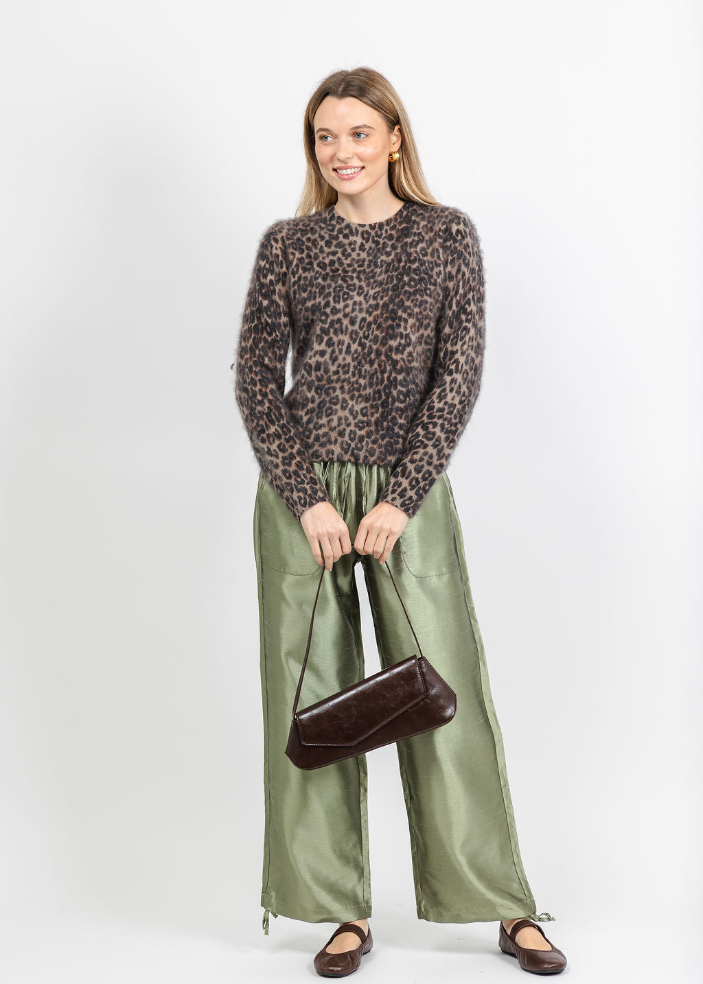 BK Daphne Taffeta Pants in Sage paired with Rails Sofia Sweater in Brown Nala available at Barbara Katz