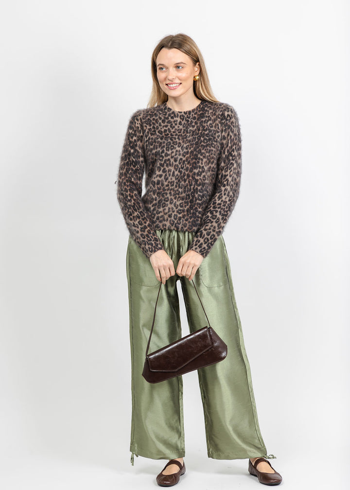 BK Daphne Taffeta Pants in Sage paired with Rails Sofia Sweater in Brown Nala available at Barbara Katz