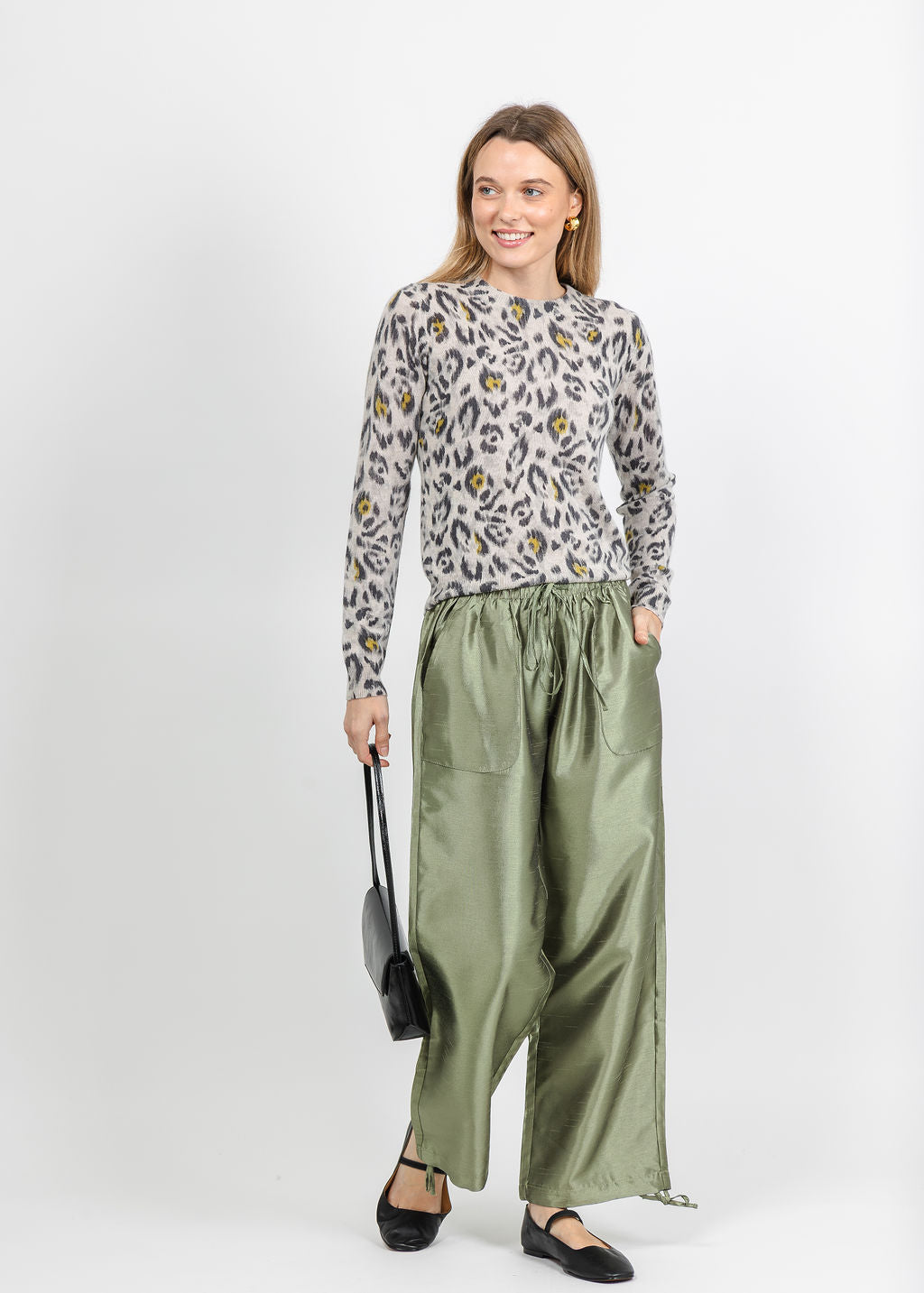 BK Daphne Taffeta Pants in Sage paired with Kinross Animal Print Crew Sweater in Agate available at Barbara Katz