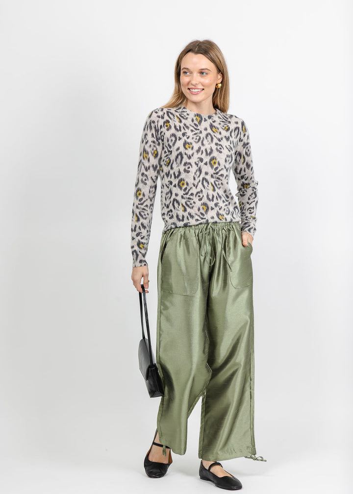 BK Daphne Taffeta Pants in Sage paired with Kinross Animal Print Crew Sweater in Agate available at Barbara Katz