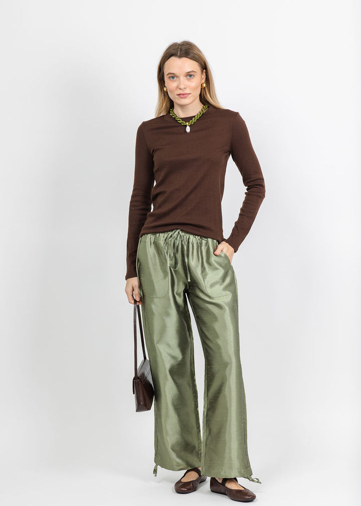 BK Daphne Taffeta Pants in Sage paired with Repeat Cotton Cashmere Long Sleeve Top in Chocolate available at Barbara Katz