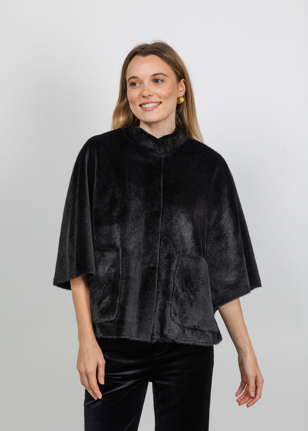 BK Dewi Faux Fur Cape in Black available at Barbra Katz