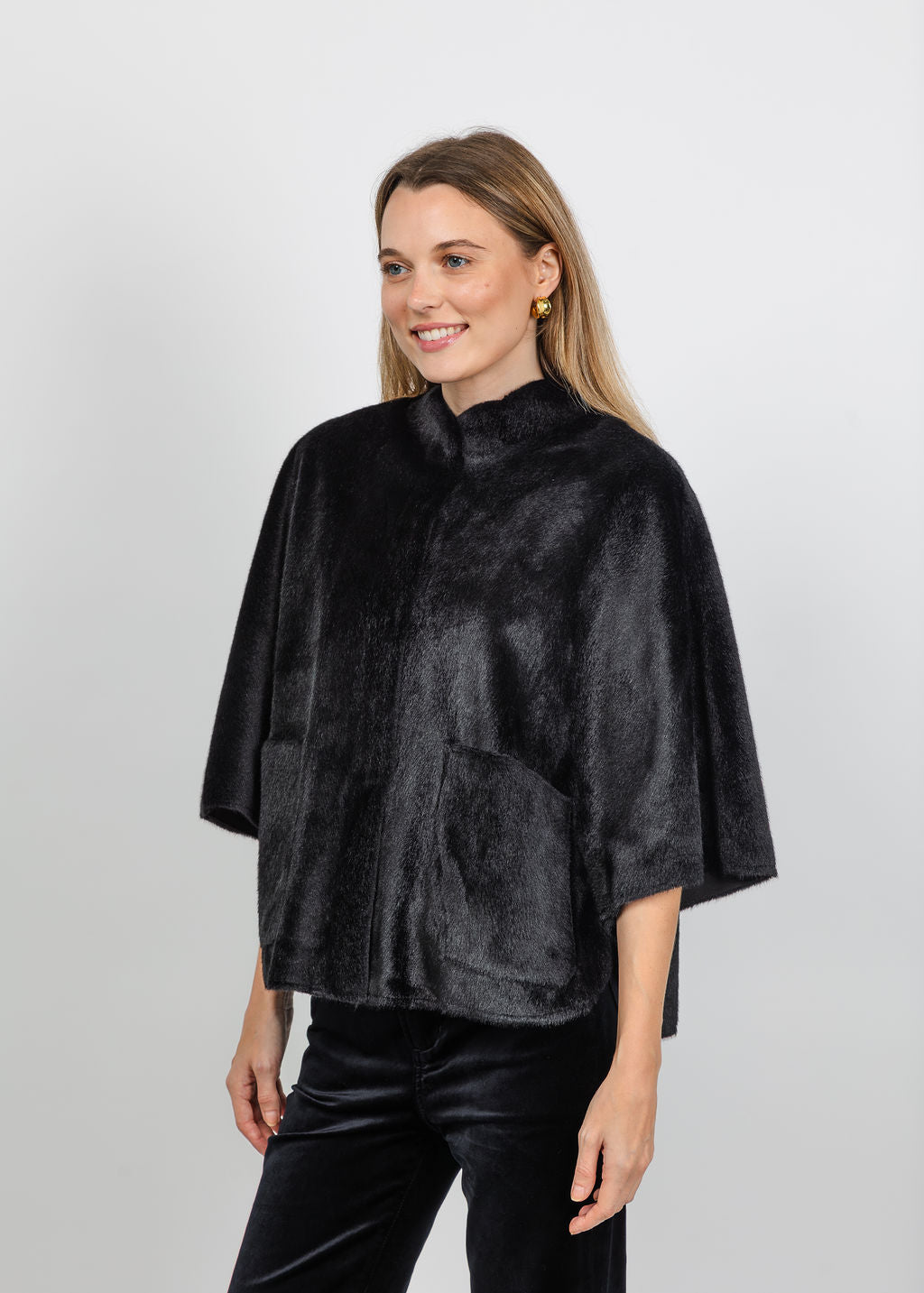 BK Dewi Faux Fur Cape in Black available at Barbra Katz
