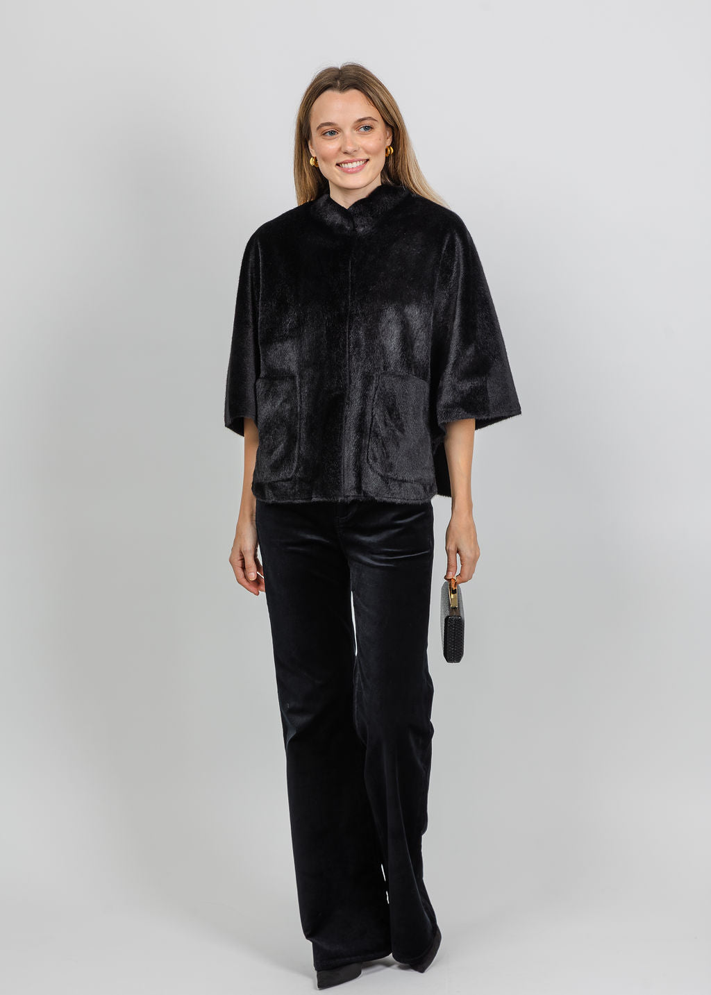 BK Dewi Faux Fur Cape in Black available at Barbra Katz