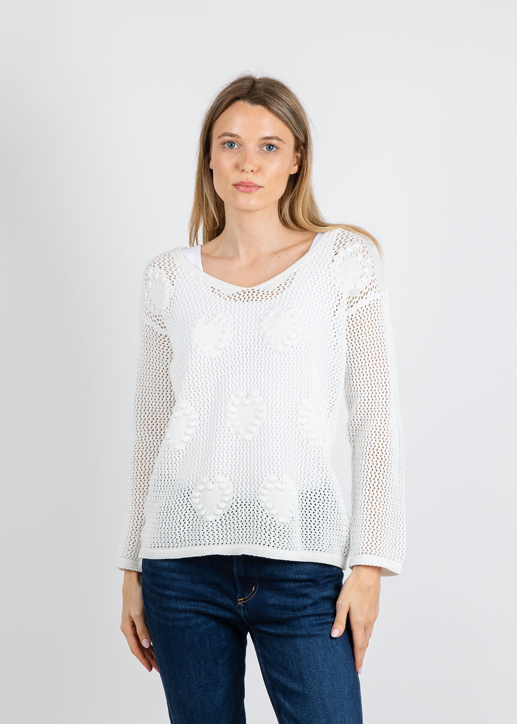BK Dina Crochet Heart Sweater in Ivory available at Barbara Katz