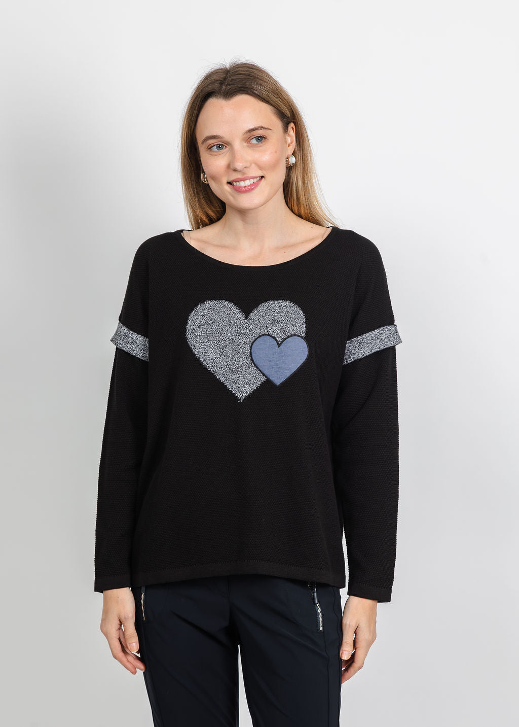 BK Double Heart Crew Sweater in Black/Blue available at Barbara Katz