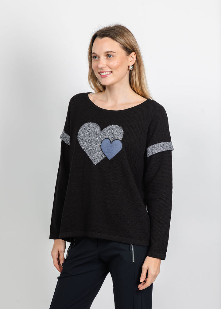 BK Double Heart Crew Sweater in Black/Blue available at Barbara Katz